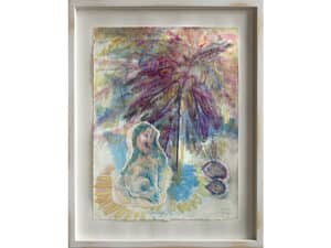 SERENITY - Original-Collage 53 x 40 cm, 2022, Aquarellstift, Pigmente, Leinöl, Goldfarbe, weiße Tusche + Frottage eines Schneeballkrautzweiges auf präpariertem Büttenpapier. Mit handgeschliffenem Rahmen Endgröße 65 x 50 cm