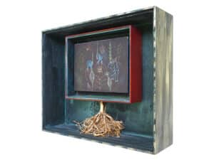 COSMIC SEEDS - Original-Bildraum 40 x 50 x 12 cm, 2024, Handgefertigter Bildraum aus Holz mit Museumsglas, bedruckt mit Farnen + vergoldete Wurzel + Zeichnung COSMIC SEEDS 18 x 24,5 cm, 2020 mit Kreidestift auf schwarzem Karton