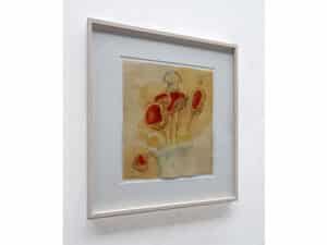 MYZELSYMBIOSE (Marone + Prachtbecherlinge + Eispilz) Original-Zeichnung 31 x 27 cm, 2017, Aquarellstift, Schellack auf präpariertem Papier. Handgefertigter Modellrahmen aus Holz 48 x 44 cm, weiß geschlemmt, mit handgefärbter Sichtleiste mit Normalglas.