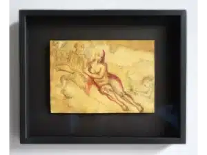 FEUER FÜR DIE GÖTTIN - 26 x 32 cm - handgefertigter Modellrahmen aus Holz, anthrazitfarben geschlemmt, mit handgefärbter Sichtleiste mit Museumsglas - Zeichnung mit Graphitstift, Farbstift auf mit Zwiebelschalen gefärbtem Papier, 14 x 20,5, 2019