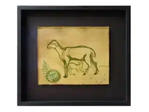 MUTTERSCHAF MIT LAMM - 29 x 32 cm_Handgefertigter Modellrahmen aus Holz, anthrazitfarben geschlemmt, mit handgefärbter Sichtleiste mit Museumsglas - Zeichnung mit Tusche, Stempel auf präpariertem Papier, 17 x 20 cm, 2019