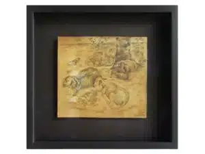 SCHAFE AM RHEIN - 32 x 37 cm_Handgefertigter Modellrahmen aus Holz, anthrazitfarben geschlemmt, mit handgefärbter Sichtleiste mit Museumsglas - Zeichnung mit Graphitstift auf präpariertem Papier, 20 x 25 cm, 2019