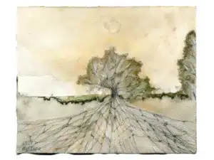 BAUMWURZELN - Zeichnung mit Graphitstift, Aquarellstift auf präpariertem Papier, 14,5 x 17,5 cm, 2021