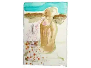 SÄEN - Zeichnung mit Graphitsift, Aquarellstift, Goldlack, Brennessel-Sud, Leimfarbe auf Büttenpapier, 20 x 14 cm, 2021