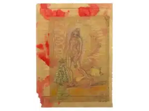 SEGEN (FRAU UND FUCHS) - Zeichnung mit Graphitsift, Aquarellstift, irisierender Ölkreide, geklebt auf mit Leinöl und Pigmenten präpariertem altem Schulheftpapier_25,5 x 19 cm, 2021