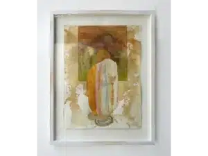 65 x 50 cm, 2022 (gerahmt im Vintage-Look durch handgeschliffenen Rahmen) Collage mit Graphitstift, Aquarellstift, lasierende Ölfarbe, Schelllack, Pigmente, Goldpuder auf mit Tee und Zwiebelsud präpariertem Büttenpapier_53 x 40 cm, 2022