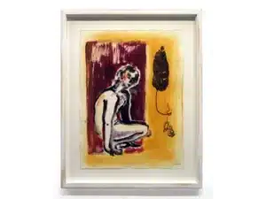 65 x 50 cm, 2022 (gerahmt im Vintage-Look durch handgeschliffenen Rahmen) Collage mit Pigmenten, Leimfarbe, ein Baumblatt auf Büttenpapier_53 x 40 cm, 2022