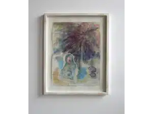 65 x 50 cm, 2022 (gerahmt im Vintage-Look durch handgeschliffenen Rahmen) Collage mit Aquarellstift, Pigmenten, Leinöl, Goldfarbe, weiße Tusche + Frottage eines Schneeballkrautzweiges auf präpariertem Büttenpapier_53 x 40 cm, 2022