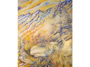 SONNENBAD UNTER PINIE - Original-Ölbild 120 x 150 x 4,5 cm, 2023, Ölfarbe, Schellack, Walnuss-Sud auf Leinwand