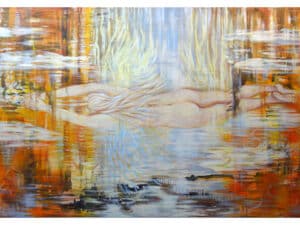 EINTAUCHEN - Original-Ölbild 190 x 300 x 4,5 cm, 2023, Ölfarbe, irisierende Acrylfarbe, Walnuss-Sud, Glitter auf Leinwand