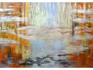 EINTAUCHEN - 190 x 300 x 4,5 cm, 2024 - Ölfarbe, Schellack, Walnuss-Sud, irisierende Acrylfarben, Glitter auf Leinwand