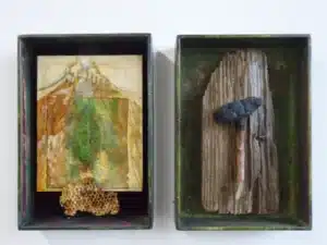 breathing mountain (gold) Handgefertigtes Bildraum-Diptychon je 35 x 24 x 6,5 cm_2021 Zwei handbemalte Modellrahmen aus Holz + Holzfundstücke vom Rheinufer Düsseldorf + Zeichnung/Collage (Graphitstift, Farbstift, Schellack, Blatt vom Baum, Acrylfarbe, Blattgold auf präparierten Papieren, 20 x 25,7 cm von 2018) + geleimte Bienenwabe