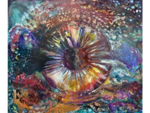 KOSMISCHES AUGE Original-Ölbild, 100 x 120 x 4,5 cm, 2023, Ölfarbe, Schellack, Walnuss-Sud, irisierende Acrylfarbe, Glitter auf Leinwand