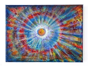 JEDEM SEINE SONNE Nr. 33 Original-Ölbild 18 x 24 cm, Ölfarben, Schellack, Walnuss-Sud, Schlagmetall oder Blattgold, Blattsilber, Glitter auf Leinwand