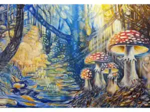 FLIEGENPILZWALD - 190 x 300 x 4,5 cm, 2024 - Ölfarbe, Glitter, Schellack, Walnussschalen zerkleinert auf Leinwand