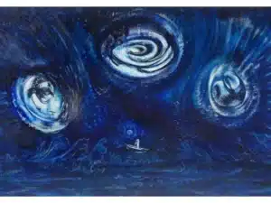 SONNENSCHIFFER - 190 x 300 x 4,5 cm, 2024 - Ölfarbe, Schellack, Walnuss-Sud, irisierende Acrylfarben, Glitter auf Leinwand