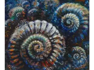 AMMONITEN AUS DEM DUNKLEN II - 50 x 60 cm, 2023 - Ölfarbe, Schellack, Walnuss-Sud, zerkleinerte Walnussschalen, Erde, Glitter auf Leinwand