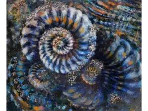 AUS DEM DUNKLEN I (AMMONITEN BLAU-ORANGE) - 50 x 60 cm, 2023 - Ölfarbe, Schellack, Walnuss-Sud, zerkleinerte Walnussschalen, Erde, Glitter auf Leinwand