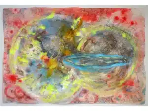 „cosmic swimmer“ aus der Collagenserie „cosmic swimmer“ 58 x 78 cm, 2024 Collage mit Ölfarbe, irisierenden Acrylfarbe, Neonfarbe, Schelllack, Walnuss-Sud, Pigmente, Glimmer, Frau gemalt auf Transparentpapier auf Büttenpapier