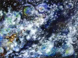 ÄTHER (aus der Serie ELEMENTE) - 80 x 120 x 4,5 cm, 2024 - Ölfarbe, Schellack, Walnuss-Sud, irisierende Acrylfarben, Glitter auf Leinwand