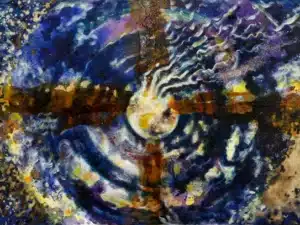 KOSMOS (aus der Serie ELEMENTE) - 80 x 120 x 4,5 cm, 2024 - Ölfarbe, Schellack, Walnuss-Sud, Glitter auf Leinwand