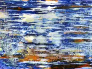 WASSER (aus der Serie ELEMENTE) - 80 x 120 x 4,5 cm, 2024 - Ölfarbe, Schellack, Walnuss-Sud, irisierende Acrylfarben, Glitter auf Leinwand