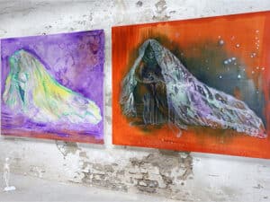 BFF (LIGHT VERSION) + BFF (DARK VERSION) - Original-Ölbilder Diptychon je 160 x 190 x 4,5 cm, 2023, Ölfarbe, Schellack, Walnuss-Sud, irisierende Acrylfarben, Glitter auf Leinwand 