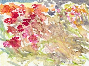 BLÜTENFELD - Original-Aquarell auf Aquarellpapier, 17 x 24 cm, Volksgarten Düsseldorf, Juni 2025. Die Unikate sind auf der Rückseite datiert und signiert. Dieses Werk ist auch als Kunstdruck zu erwerben.