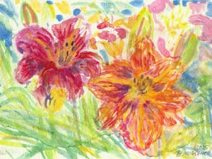 LILIENPAAR (rot-orange) - Original-Aquarell auf Aquarellpapier, 17 x 24 cm, Volksgarten Düsseldorf, Juni 2025. Die Unikate sind auf der Rückseite datiert und signiert (ungerahmt / plus Verpackung und Versand mit Sendungsnummer, Inland pauschal 10 Euro). Dieses Werk ist auch als Kunstdruck zu erwerben.