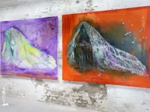 BFF (LIGHT VERSION) + BFF (DARK VERSION) – Diptychon_je120 x 150 x 4,5 cm, 2023 - Ölfarbe, Schellack, Walnuss-Sud, irisierende Acrylfarben, Glitter auf Leinwand