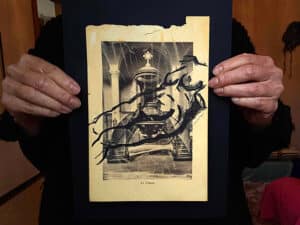 LA CHAIRE - Original-Zeichnung auf ausgerissener Buchseite 23,5 x 15,2 cm, 1993, Tusche, Wachs