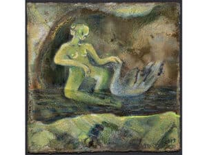 LEDA UND DER SCHWAN IN EINER HÖHLE Original-Zeichnung 15,8 x 15,8 cm, 2019, Aquarellstift, Aquarellfarbe, transparenter Lack, irisierende Ölkreide auf präpariertem Papier