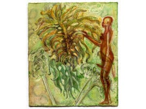 MONSTERA UND FRAU - Original-Zeichnung 16 x 18,5 cm, 2020, Graphitstift, Aquarellstift, transparenter Lack, Schelllack auf präpariertem Büttenpapier