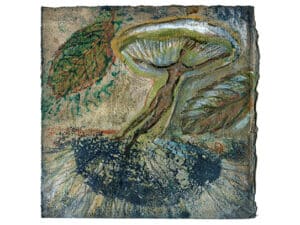 HYPHENFRAU - Original-Zeichnung 23 x 26 cm, 2020, Abdruck eines Baumblatts, Tusche, Aquarellstift, Acrylfarbe, irisierende Ölkreide, Salzkristalle auf präpariertem Büttenpapier        