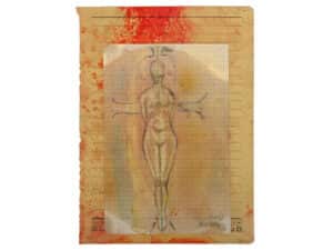 ENERGIEKREUZ Original-Zeichnung 25,5 x 19 cm, 2021, Graphitsift, Aquarellstift, irisierender Ölkreide, geklebt auf mit Leinöl und Pigmenten präpariertem altem Schulheftpapier