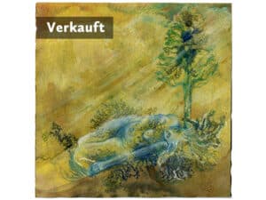 SONNENBAD UNTER PINIE - Original-Zeichnung 21 x 21 cm, 2021, Tusche und Aquarellstift auf mit Zwiebel-Sud und Tee präpariertem Papier