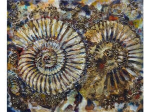 DOPPELAMMONIT Original-Ölbild 50 x 60 cm, 2023, Ölfarbe, irisierende Acrylfarbe, Walnussschalen zerkleinert, Schellack auf Leinwand