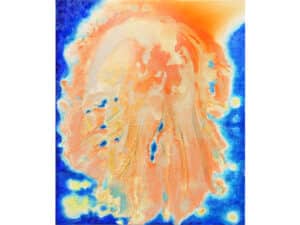 LEUCHTQUALLE (ORANGE) Original-Ölbild 50 x 60 cm, 2025, Ölfarbe, irisierende Acrylfarbe, Schellack, Glitter auf Leinwand