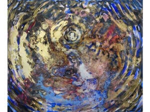 Aus der 6er-Serie INNERES LICHT – 05 GOLDENE NACHT Original-Ölbild 100 x 120 x 4 cm, 2023, Ölfarbe, irisierende Acrylfarbe, Schellack, Walnuss-Sud, Glitter auf Leinwand