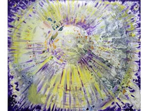 Aus der 6er-Serie INNERES LICHT – 04 INNERE SONNE (EXPLOSION) Original-Ölbild 100 x 120 x 4 cm, 2023, Ölfarbe, Silberlack, Schellack, Walnuss-Sud auf Leinwand