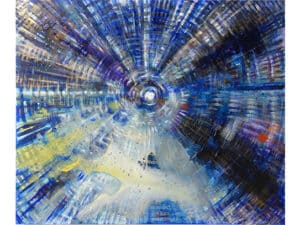 Aus der 6er-Serie INNERES LICHT – 03 LICHTFELD MIT WOLKE Original-Ölbild 100 x 120 x 4 cm, 2023, Ölfarbe, irisierende Acrylfarbe, Schellack, Walnuss-Sud auf Leinwand