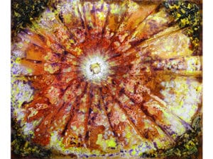 Aus der 6er-Serie INNERES LICHT – 06 ROTE SONNE Original-Ölbild 100 x 120 x 4 cm, 2023, Ölfarbe, irisierende Acrylfarbe, Neonfarbe, Lack, Schellack, Walnuss-Sud auf Leinwand