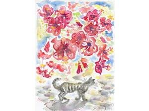 ALONNISOS – GREEK CAT WITH MAGIC RED HIBISCUS aus der Serie „Magic Alonnisos“ - Original-Aquarell auf Aquarellpapier, 17 x 24 cm, Alonnisos, Griechenland Juni 2025