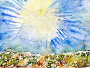 ALONNISOS – MAGIC SUN aus der Serie „Magic Alonnisos“ Original-Aquarell auf Aquarellpapier, 17 x 24 cm, Alonnisos, Griechenland Juni 2025