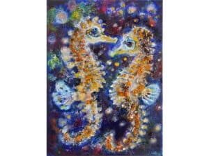 MAGIC SEAHORSE COUPLE Original-Ölbild 18 x 24 cm, 2025, Ölfarbe, irisierende Acrylfarbe, Schellack, Glitter auf Leinwand