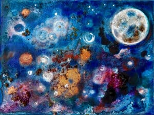 MAGIC Moon Original-Ölbild 18 x 24 cm, 2025, Ölfarbe, irisierende Acrylfarbe, Schellack, Glitter auf Leinwand