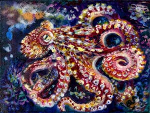 MAGIC OCTOPUS Original-Ölbild 18 x 24 cm, 2025, Ölfarbe, irisierende Acrylfarbe, Schellack, Glitter auf Leinwand