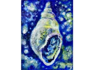 MAGIC SEASHELL Original-Ölbild 18 x 24 cm, 2025, Ölfarbe, irisierende Acrylfarbe, Schellack, Glitter auf Leinwand