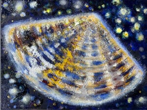 MAGIC SHELL Original-Ölbild 18 x 24 cm, 2025, Ölfarbe, irisierende Acrylfarbe, Schellack, Glitter auf Leinwand