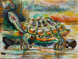 MAGIC TURTLE Original-Ölbild 18 x 24 cm, 2025, Ölfarbe, irisierende Acrylfarbe, Schellack, Glitter auf Leinwand